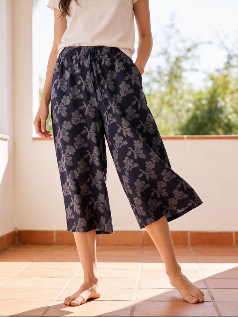 Ladies Navy Blue Floral Messini Capris
